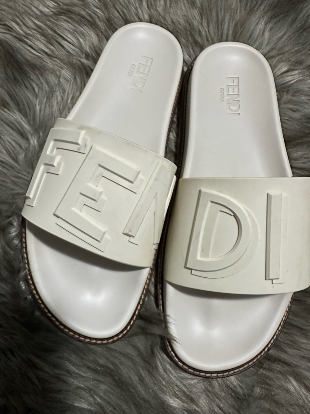 Fendi Cream Embossed Logo Slide Sandals